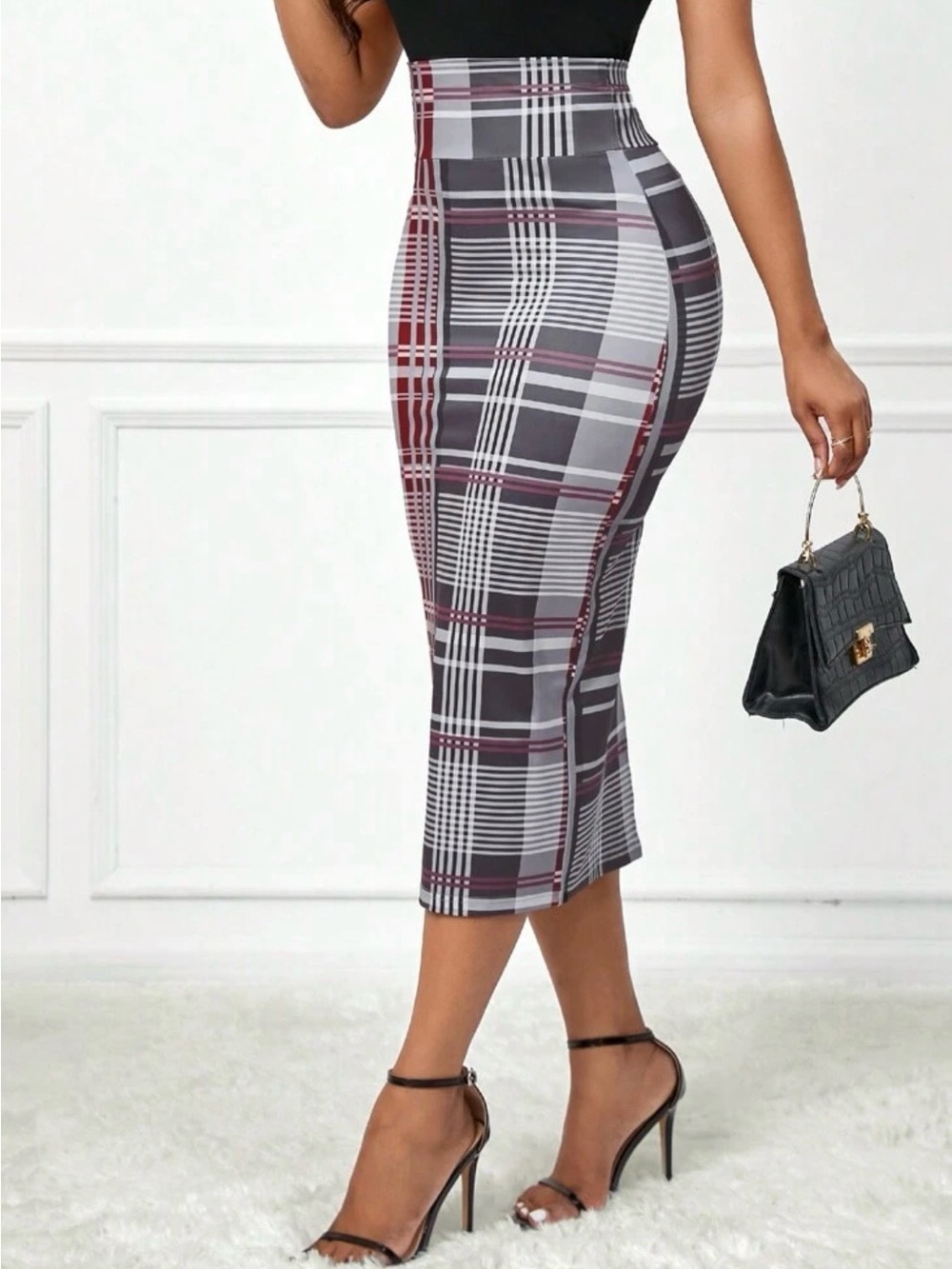 High-Waist Plaid Pencil Skirt - Gray & Burgundy